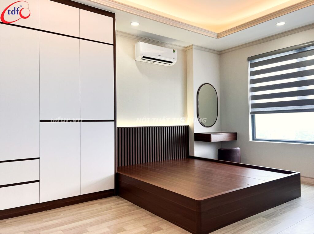 Homyland Riverside – Gỗ trầm và tủ kính đèn hắt