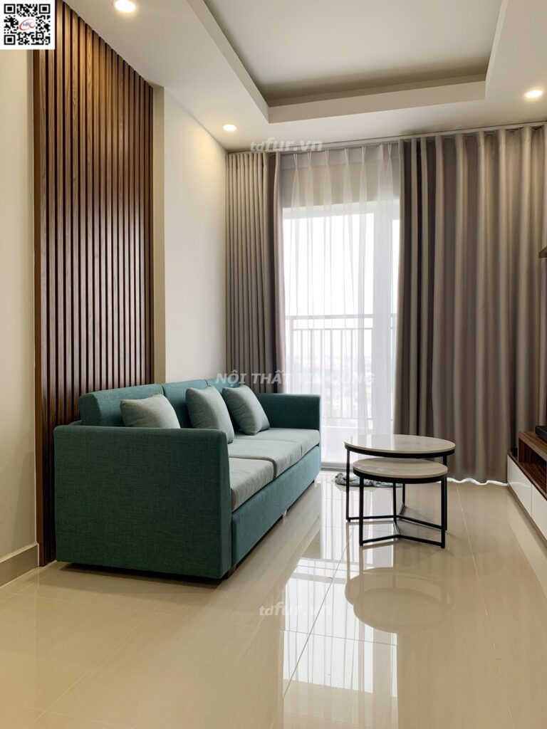 Lavita Charm – Lam gỗ óc chó và sofa xanh ngọc