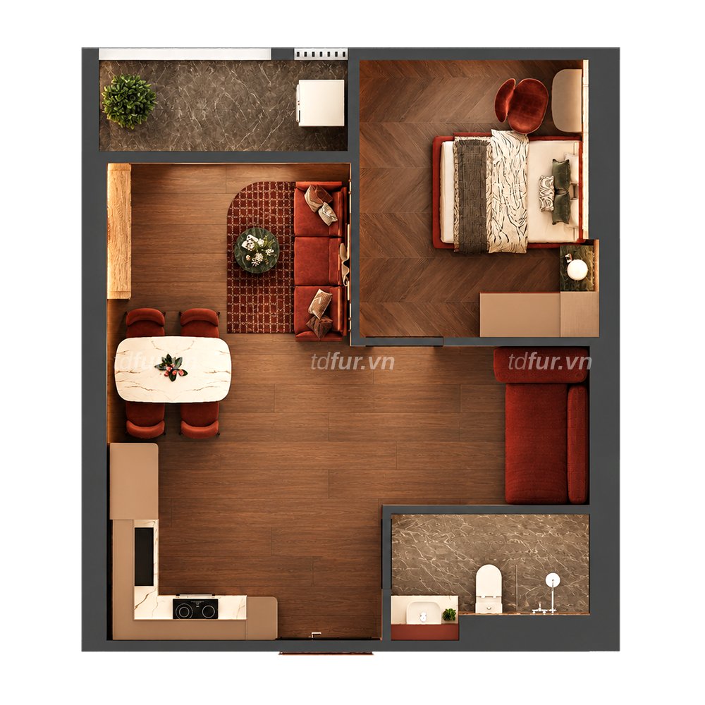 Mặt bằng Căn 1BR+ – The Collection 688